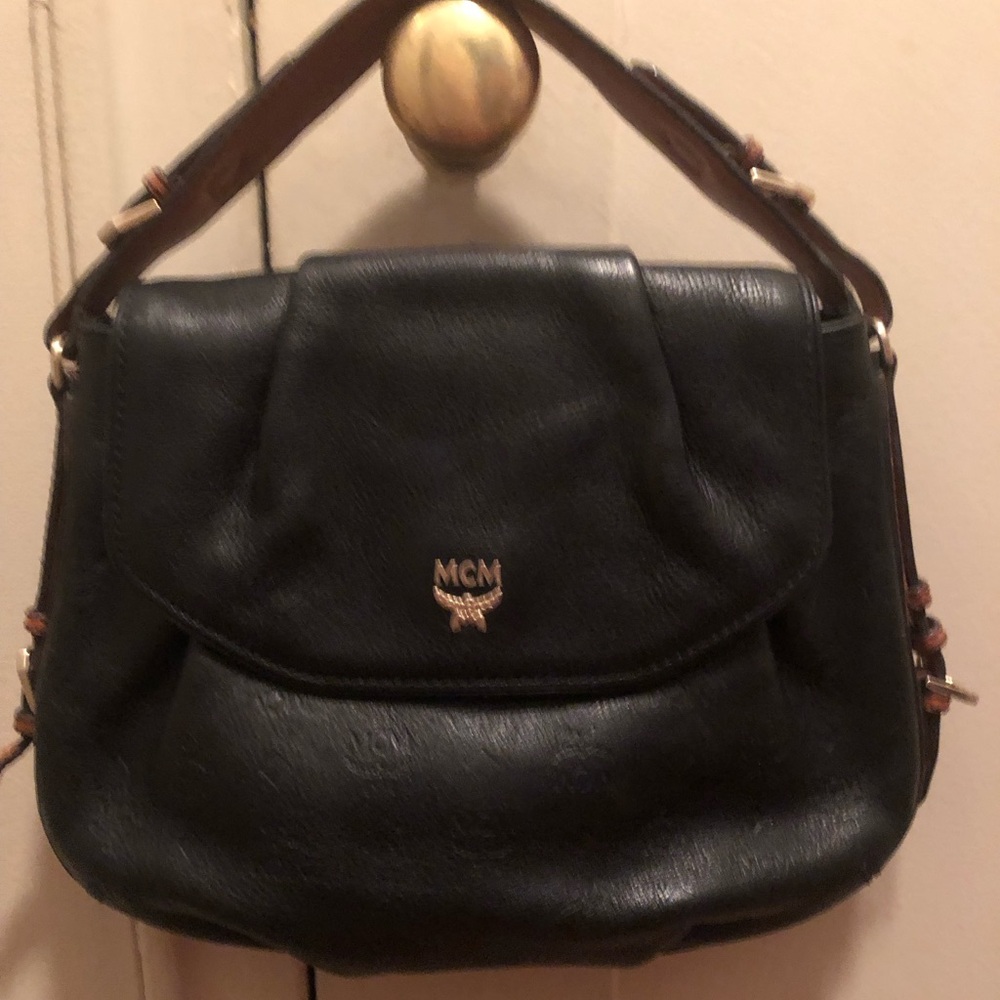 Stunning & Chic MCM Black Leather Logo Handbag w/ Brown Leather shoulder strap